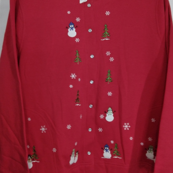 Women's 1X  Cardigan Fleece Jacket Red Snowman Snap Button Pocket Metropolitan - Picture 7 of 7